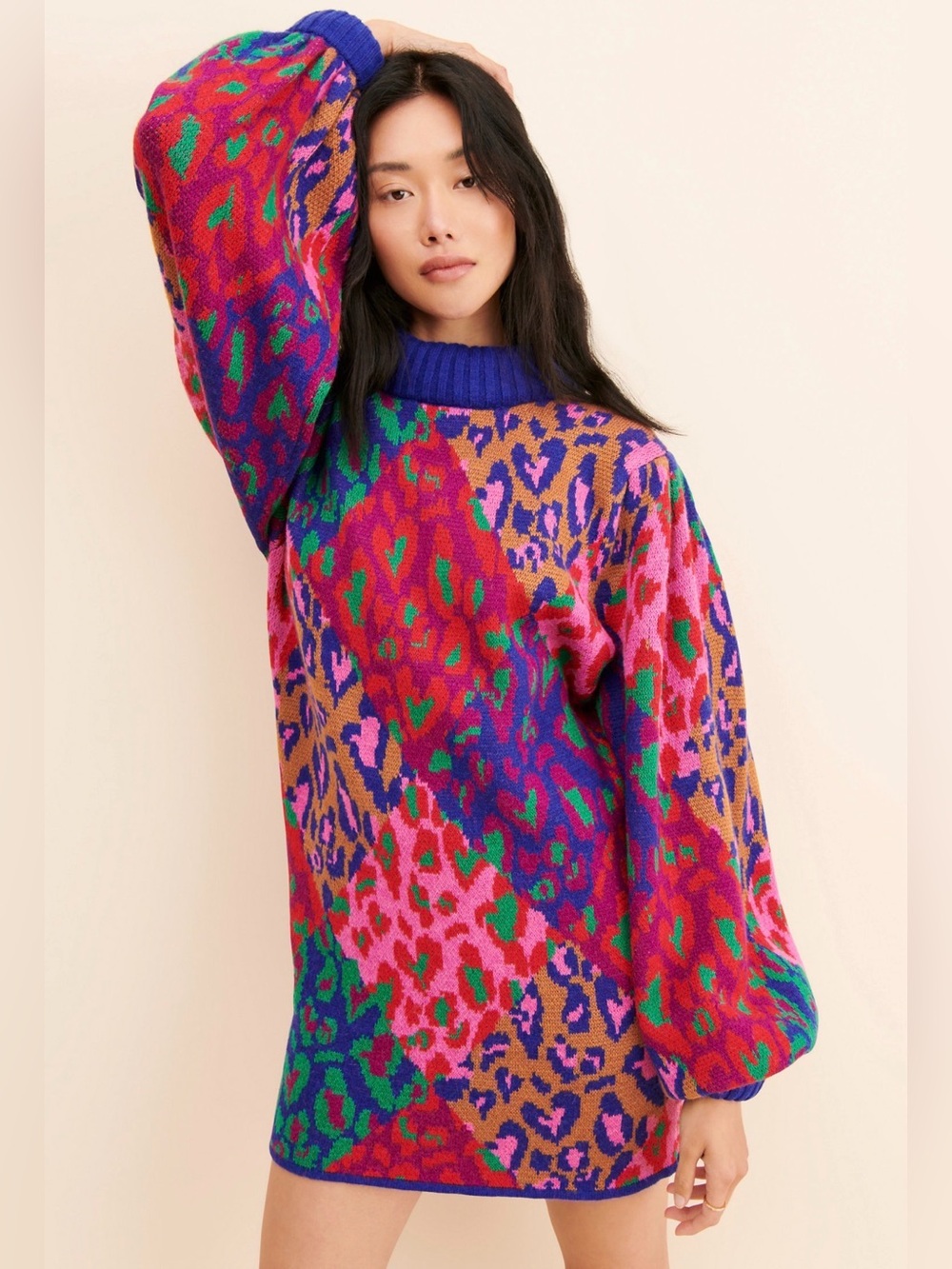 Farm Rio x Anthropologie Mixed Leopard Pop Sweater Dress M Multicolor - Picture 3 of 9